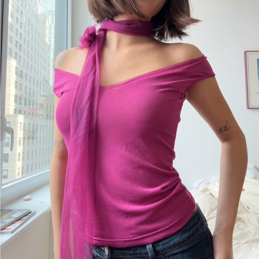 Vibrant Pink Off-Shoulder Top with Scarf